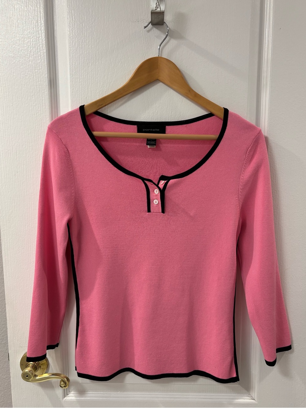 Button Front Pink Black Trim 3/4 Sleeve Top Elle Woods Legally Blonde Means Girl